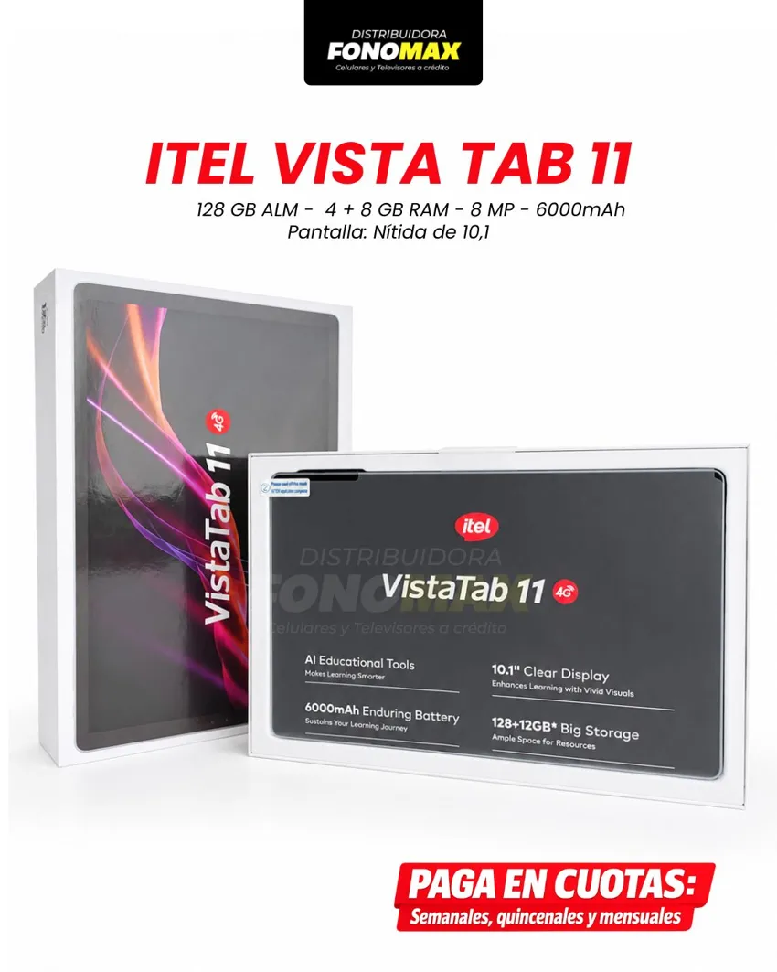 itel VistaTab 11 con su caja en material del catálogo FONOMAX