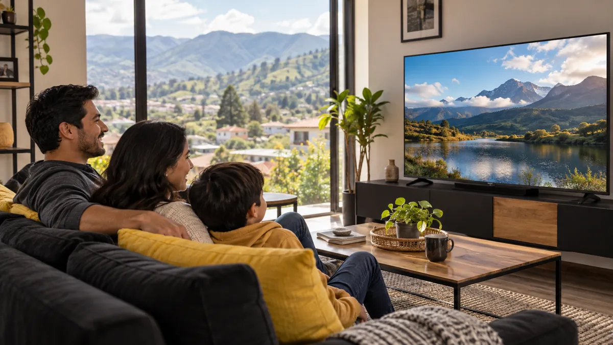 Familia disfrutando un televisor en un hogar del Valle de los Chillos