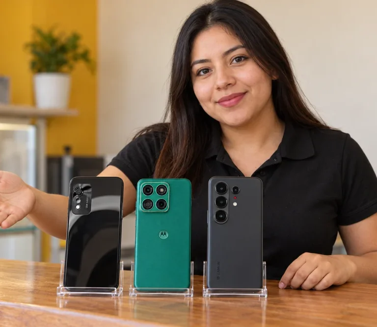 Venta de celulares en Guajaló: chica presentando tres celulares en una escena conceptual