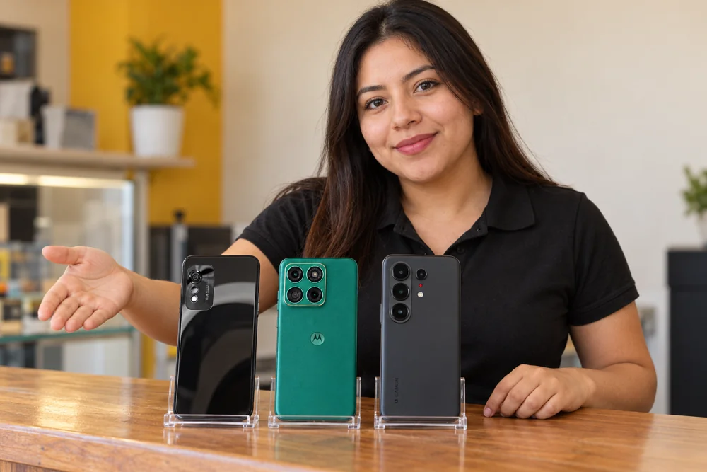 Venta de celulares en Guajaló: chica presentando tres celulares en una escena conceptual